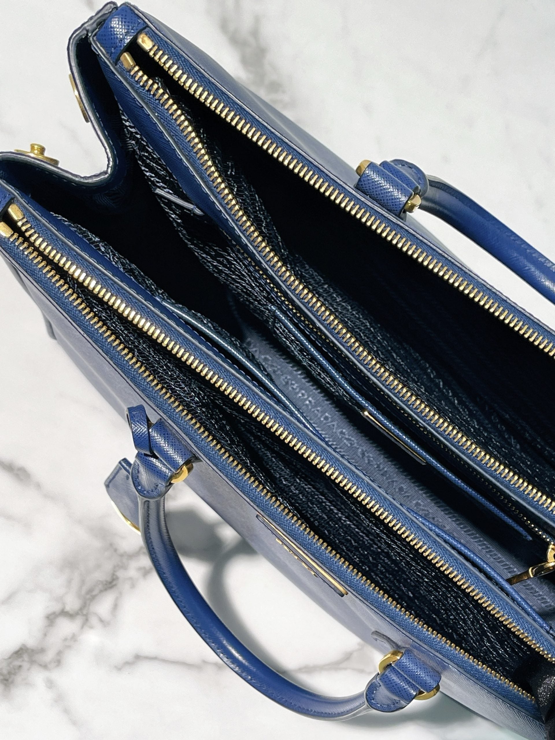 PRADA LARGE GALLERIA BAG, Blue/Gold