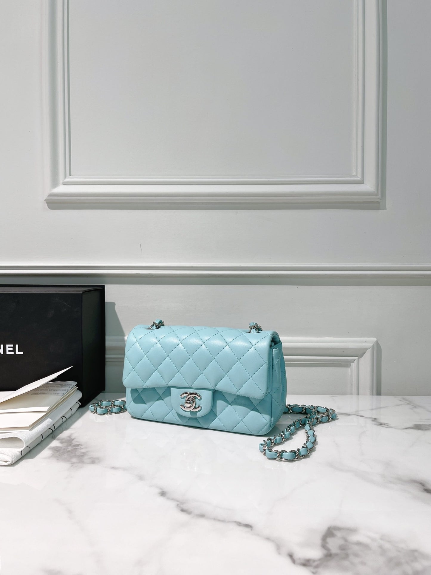 CHANEL MINI FLAP, Baby Blue/Silver