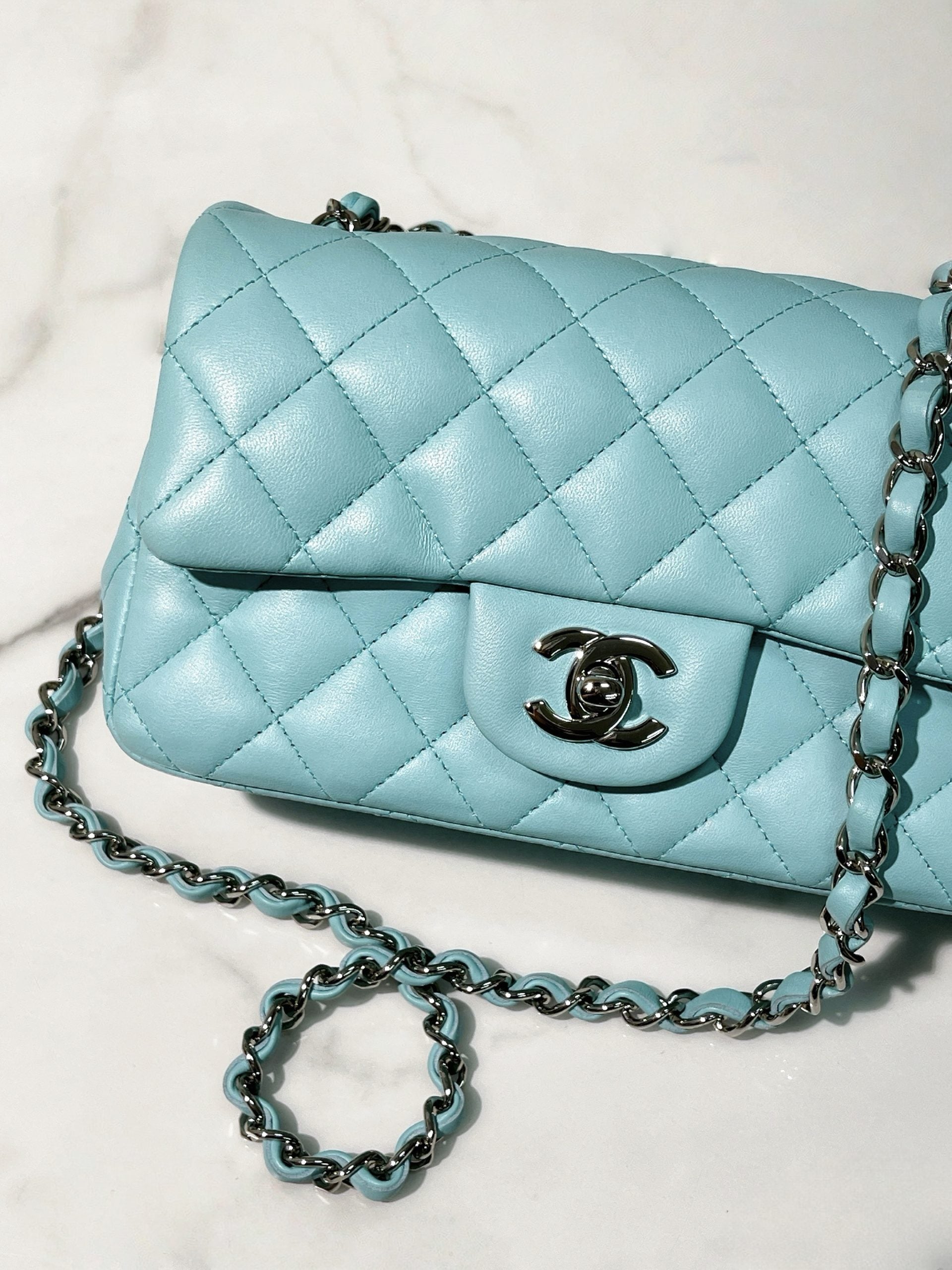 CHANEL MINI FLAP, Baby Blue/Silver