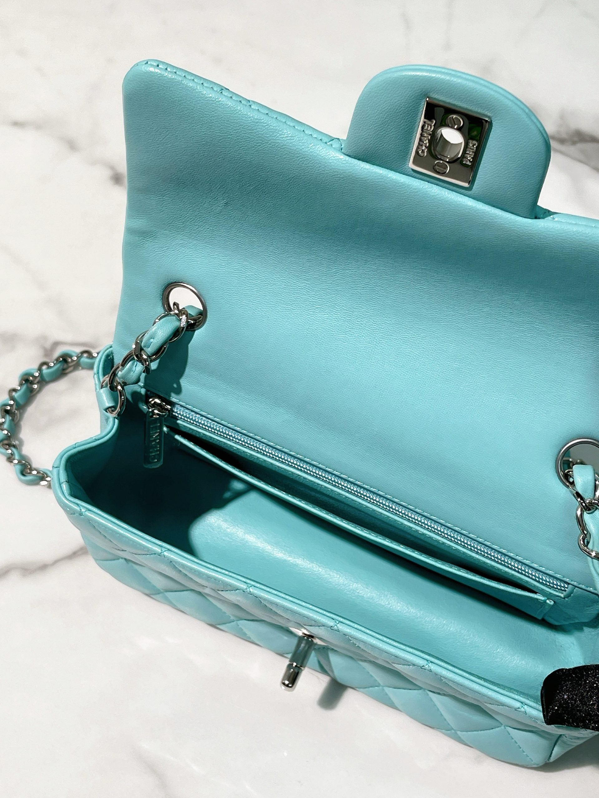 CHANEL MINI FLAP, Baby Blue/Silver