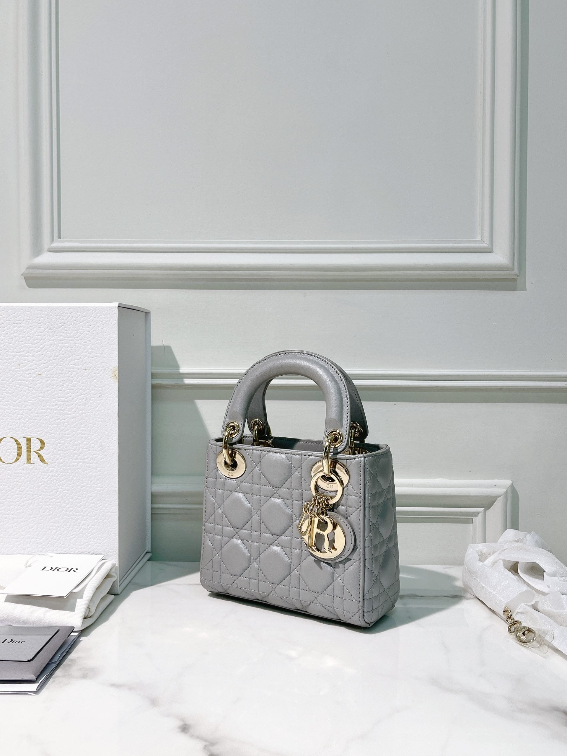 DIOR MINI LADY DIOR, Grey/Gold