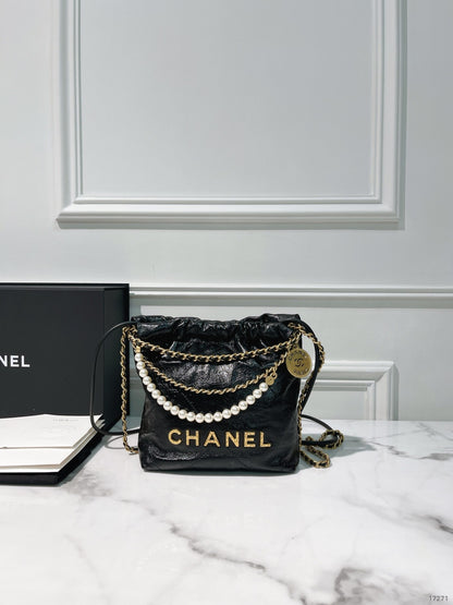 CHANEL MINI 22 BAG with PEARL, Black/Gold