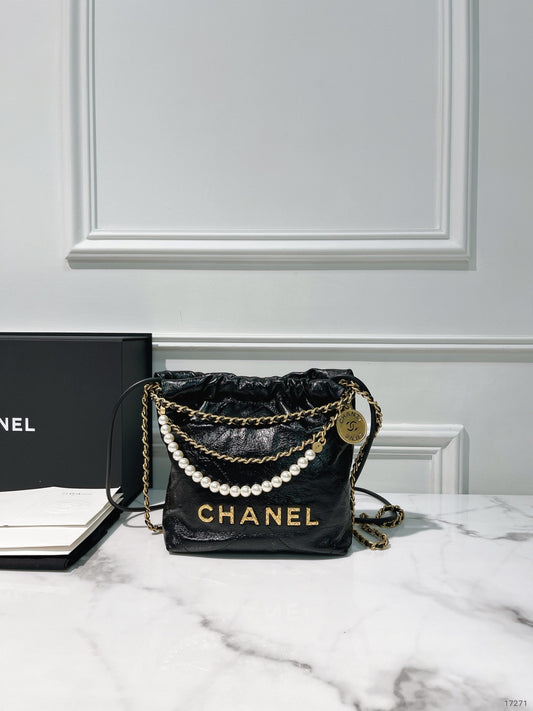 CHANEL MINI 22 BAG with PEARL, Black/Gold