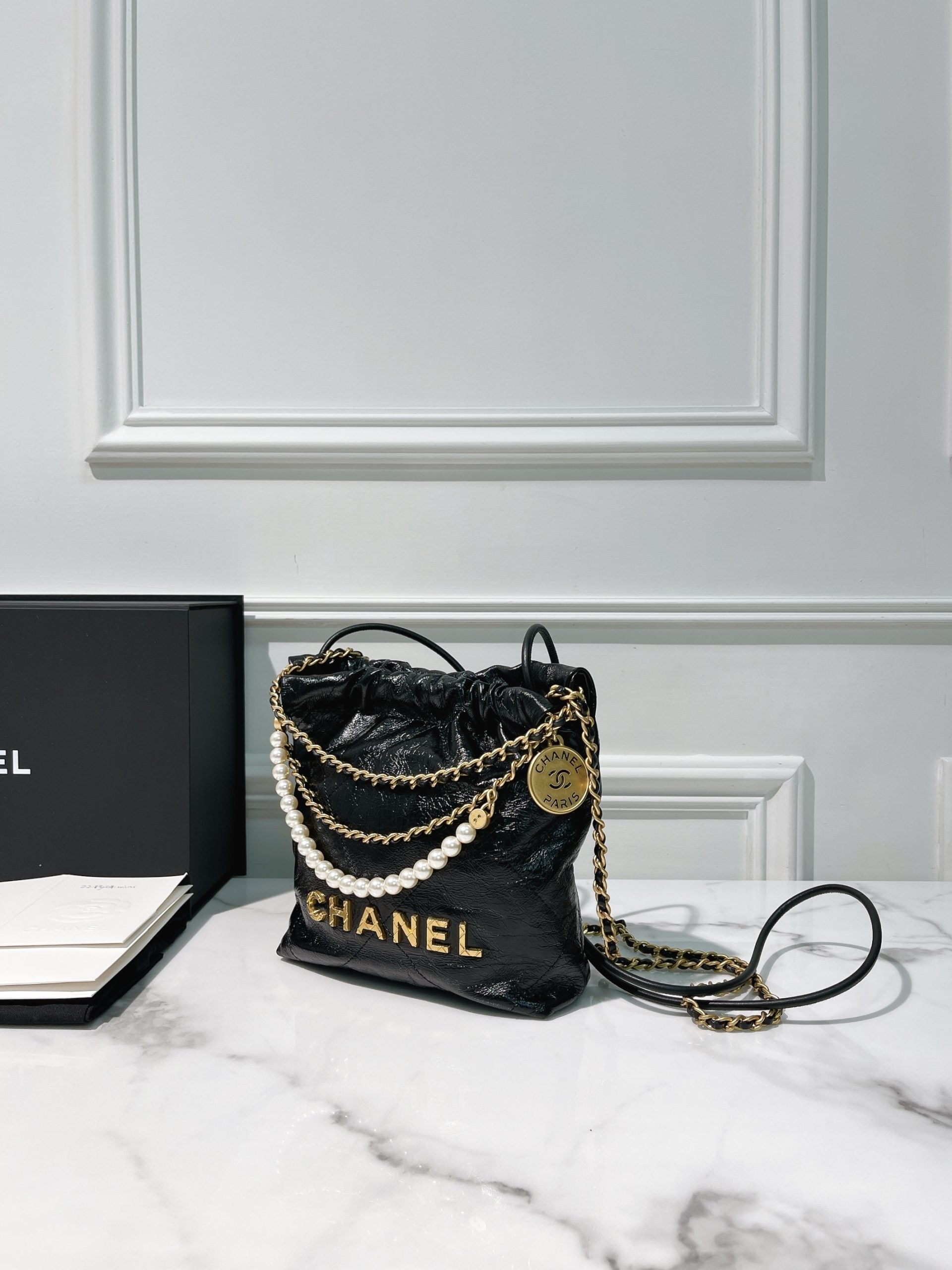 CHANEL MINI 22 BAG with PEARL, Black/Gold