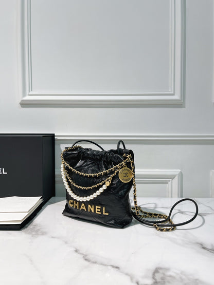 CHANEL MINI 22 BAG with PEARL, Black/Gold
