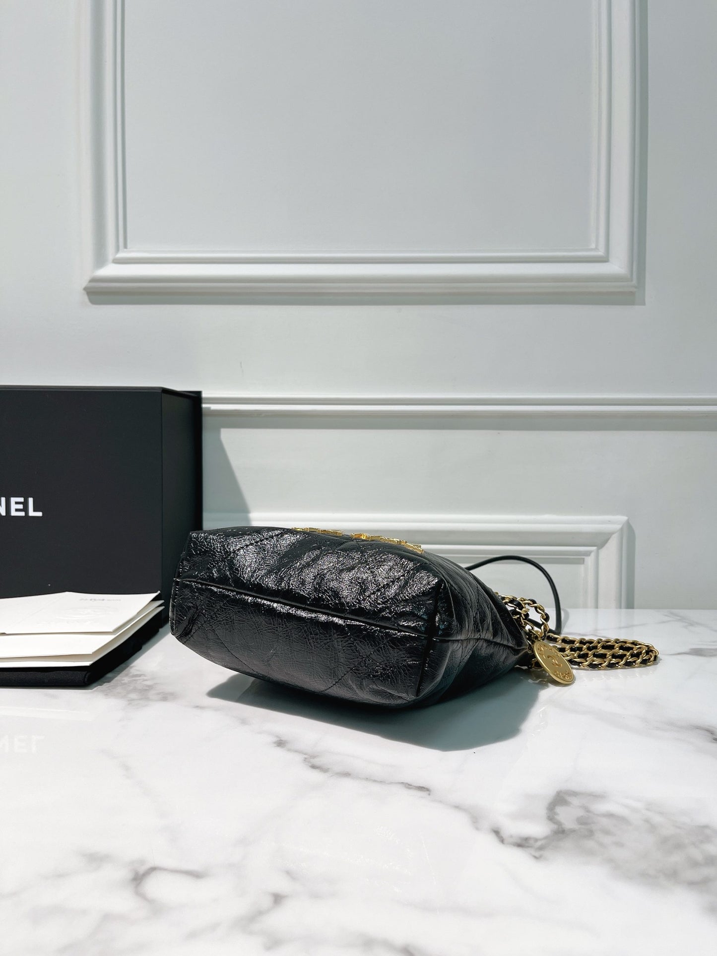 CHANEL MINI 22 BAG with PEARL, Black/Gold