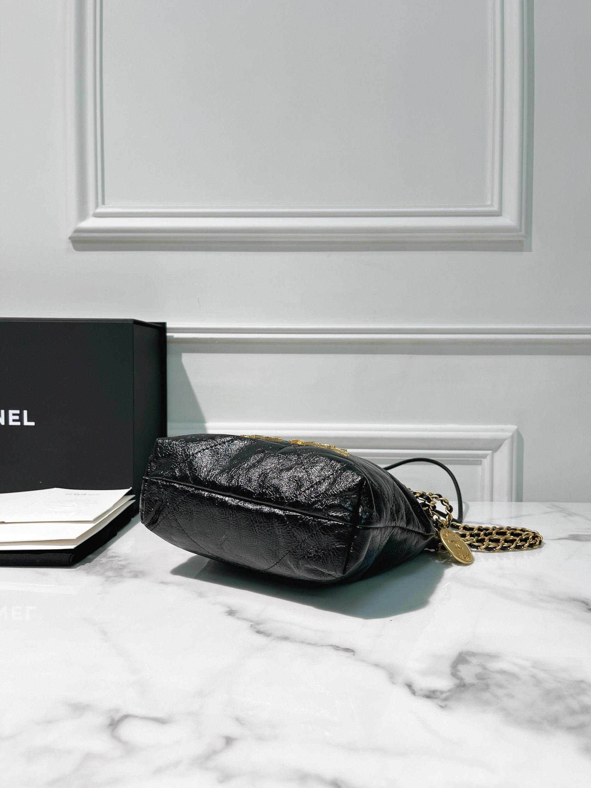 CHANEL MINI 22 BAG with PEARL, Black/Gold