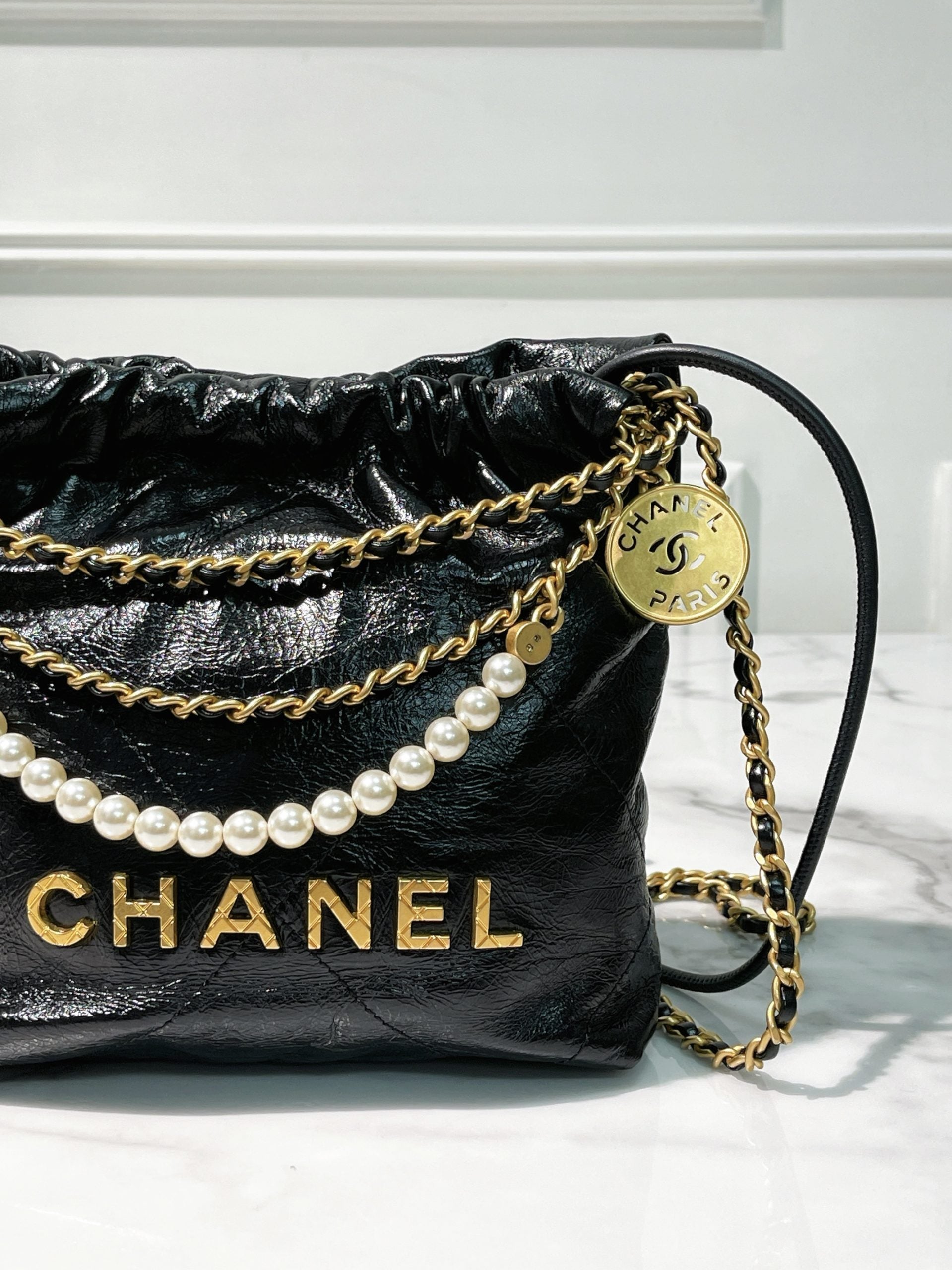 CHANEL MINI 22 BAG with PEARL, Black/Gold