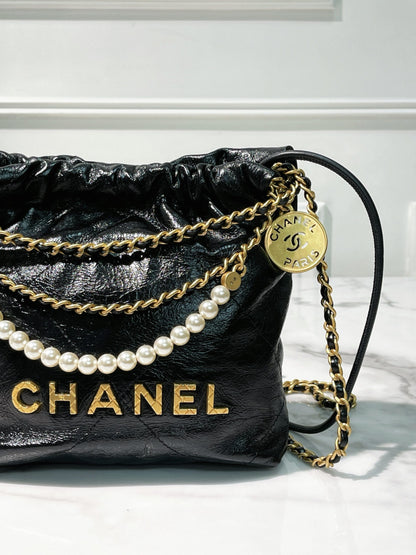 CHANEL MINI 22 BAG with PEARL, Black/Gold