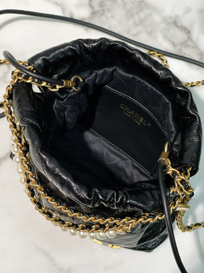 CHANEL MINI 22 BAG with PEARL, Black/Gold