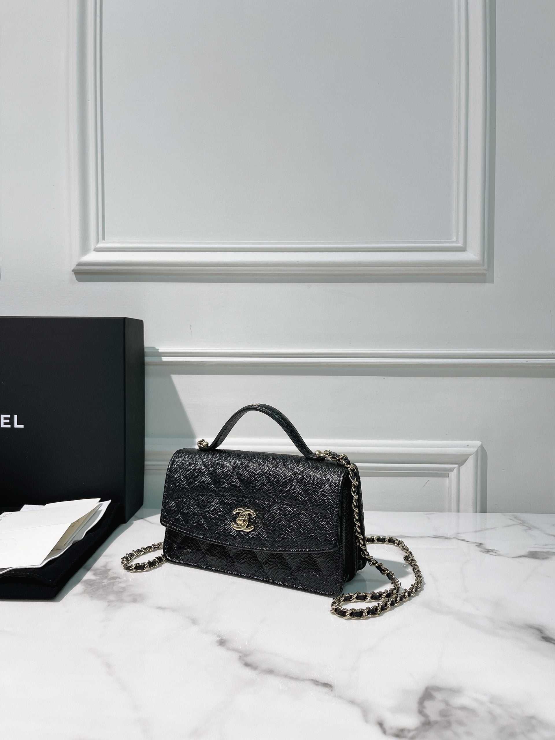 CHANEL 25C TOP HANDLE MINI CLUTCH, Black/Gold