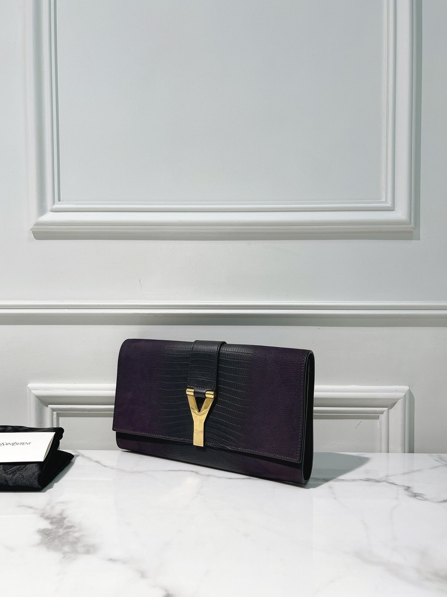 YSL HAND CLUTCH, Dark Purple/Gold