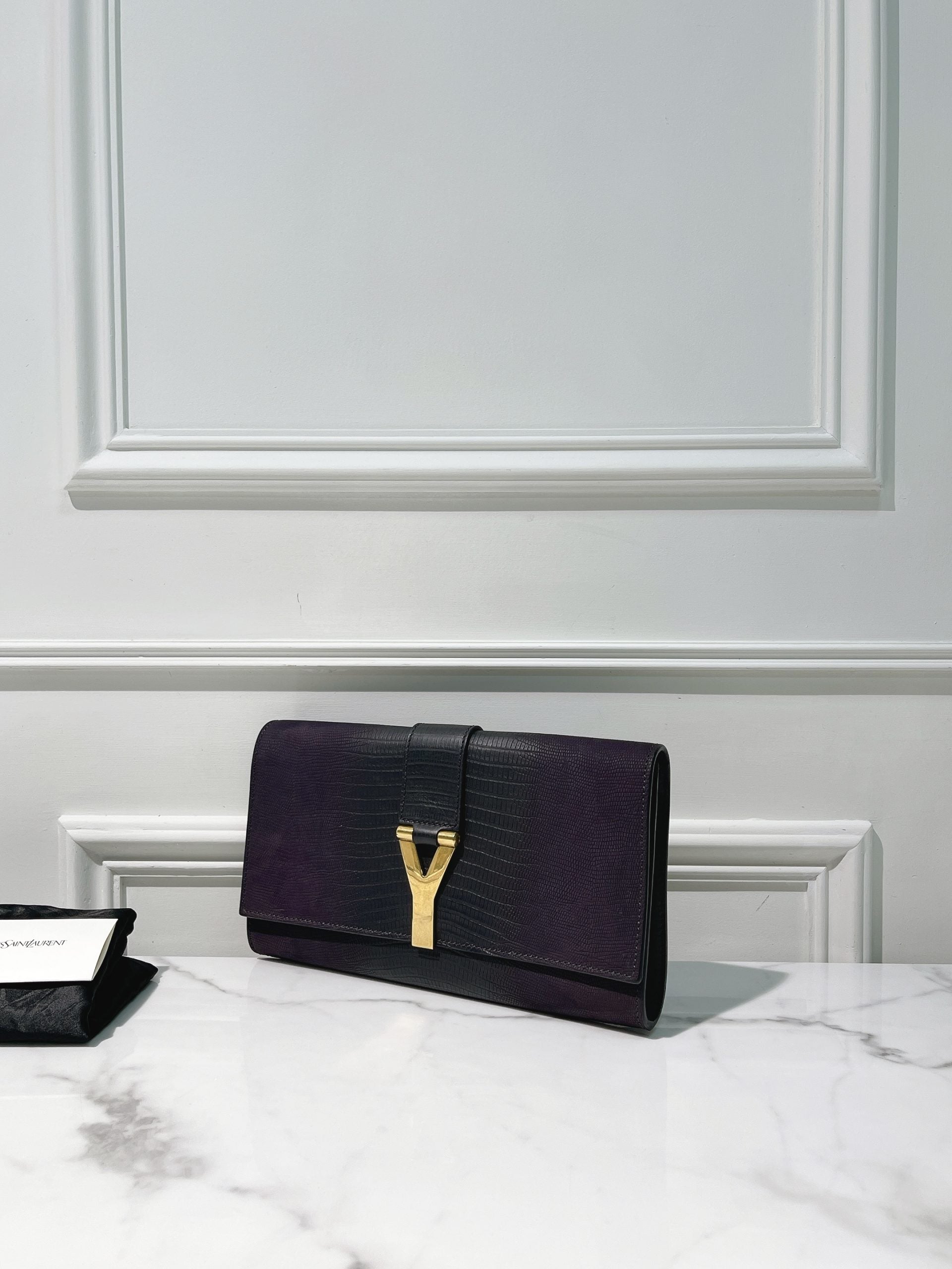 YSL HAND CLUTCH, Dark Purple/Gold
