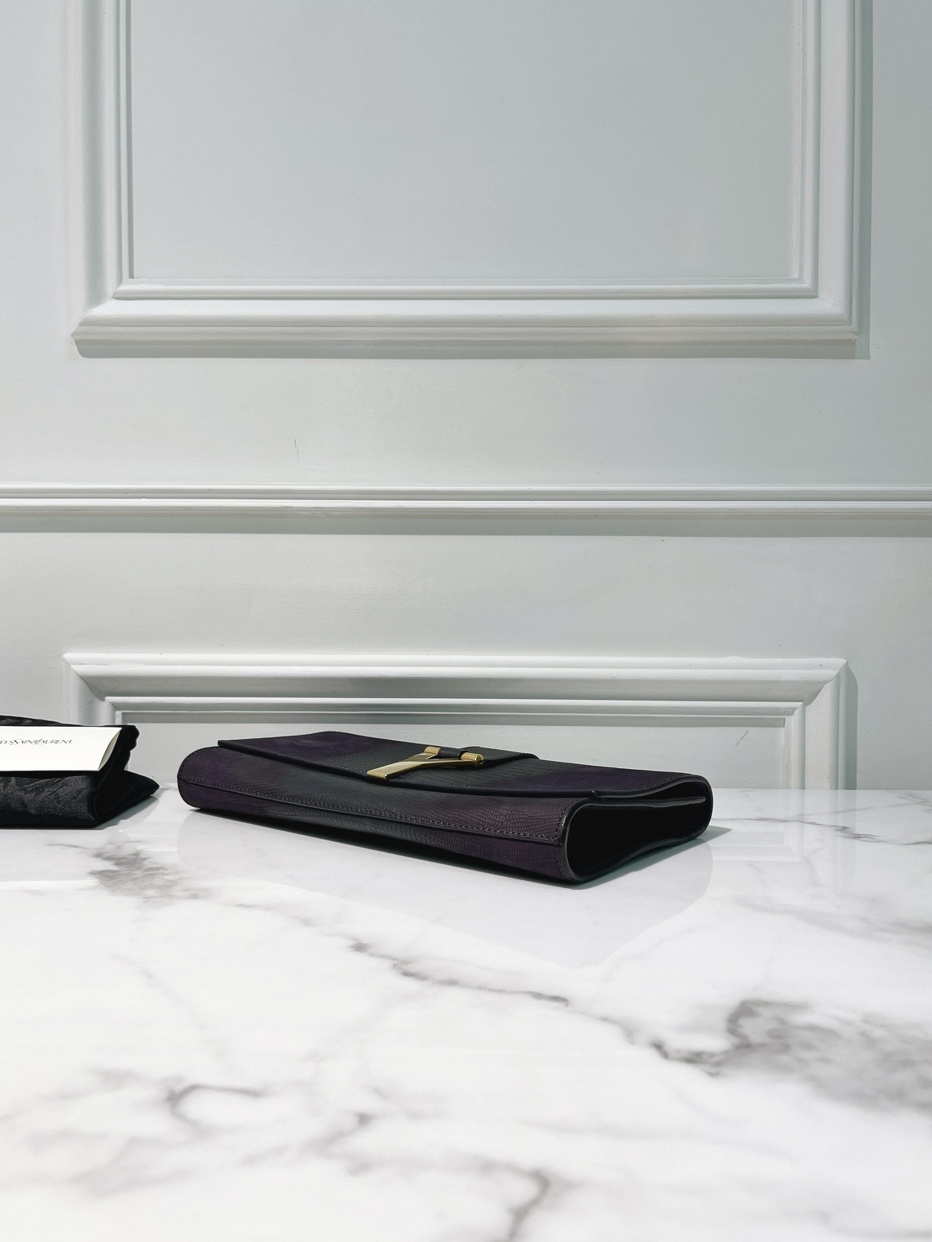 YSL HAND CLUTCH, Dark Purple/Gold