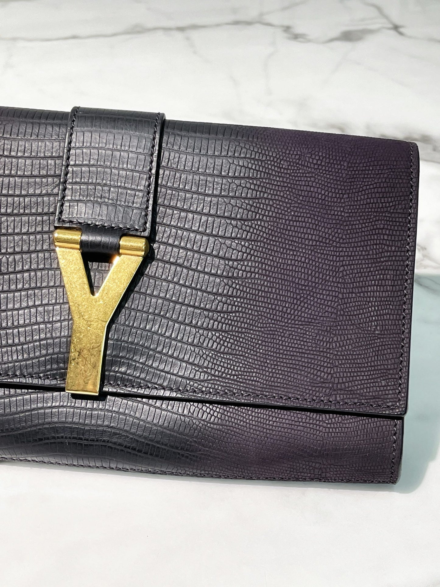 YSL HAND CLUTCH, Dark Purple/Gold