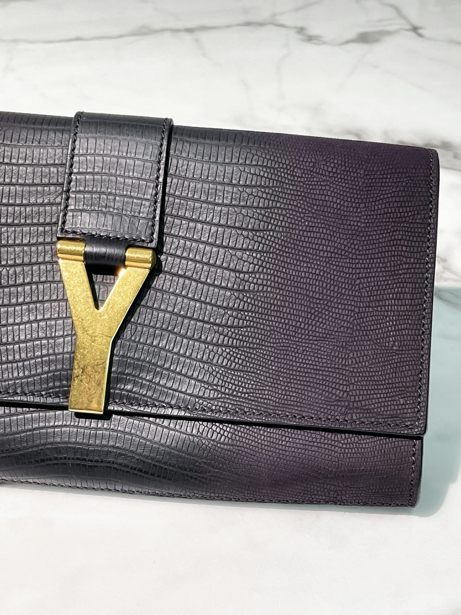 YSL HAND CLUTCH, Dark Purple/Gold