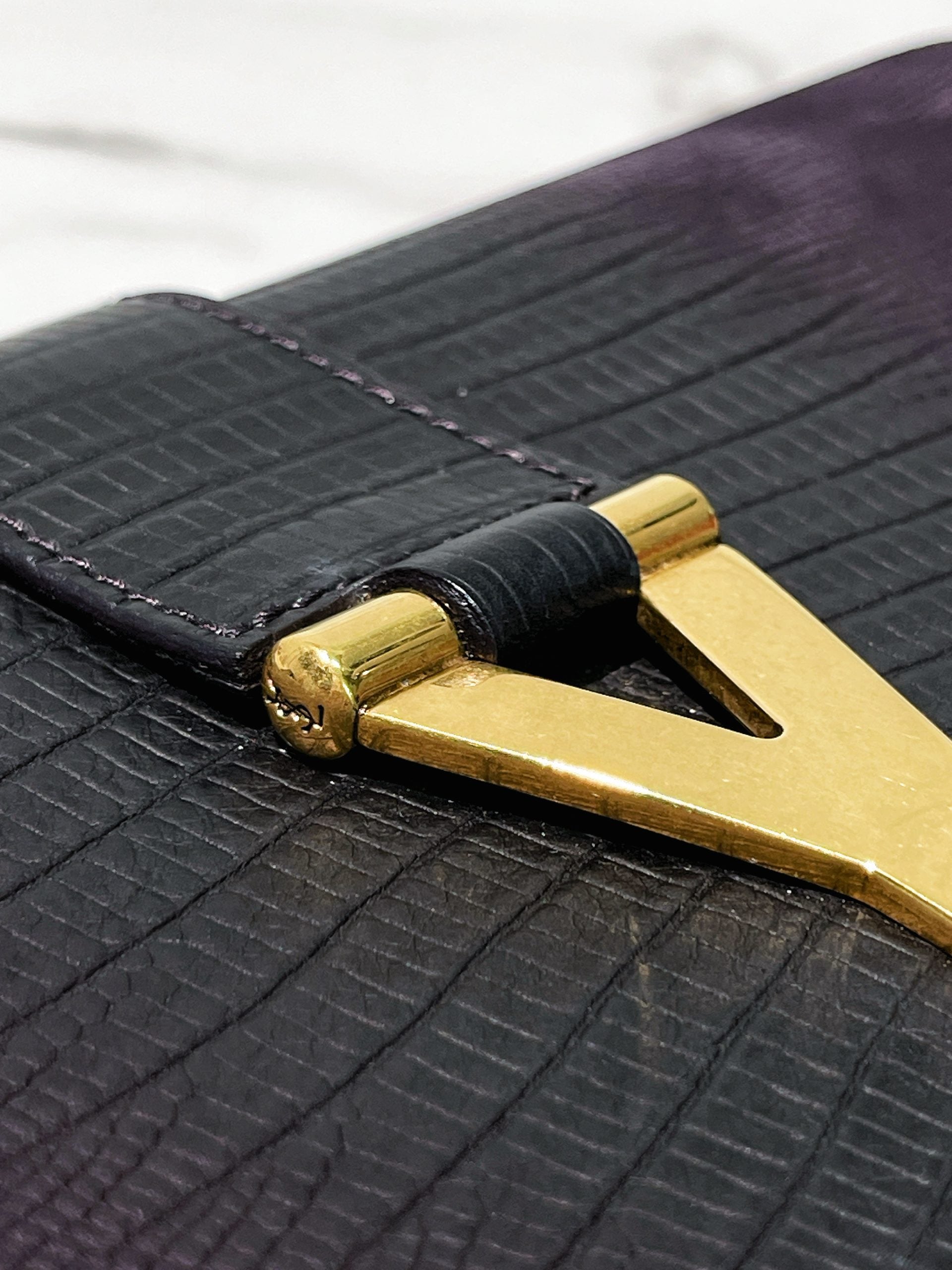 YSL HAND CLUTCH, Dark Purple/Gold