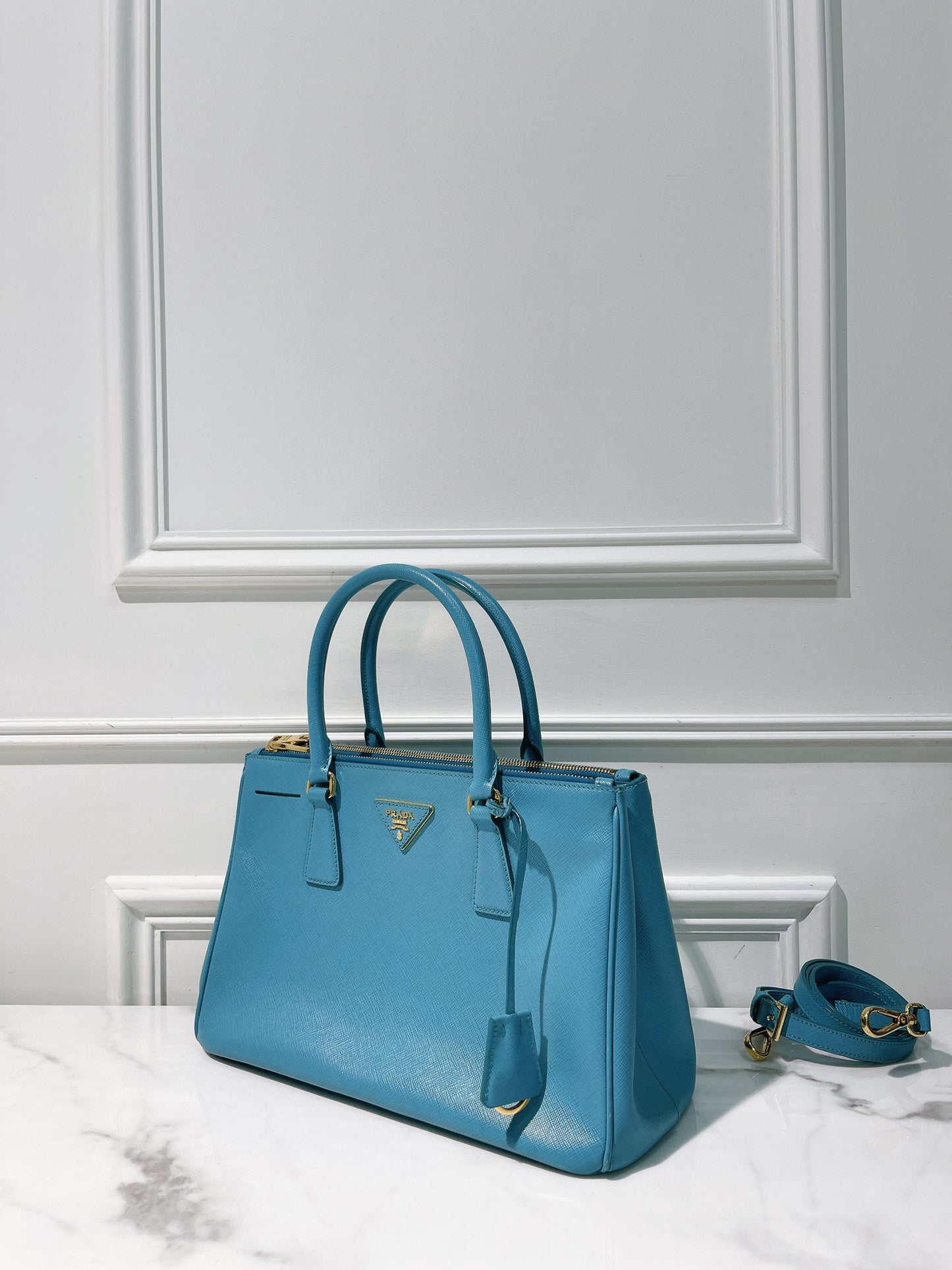 PRADA GALLERIA DOUBLE ZIP TOTE, Blue/Gold