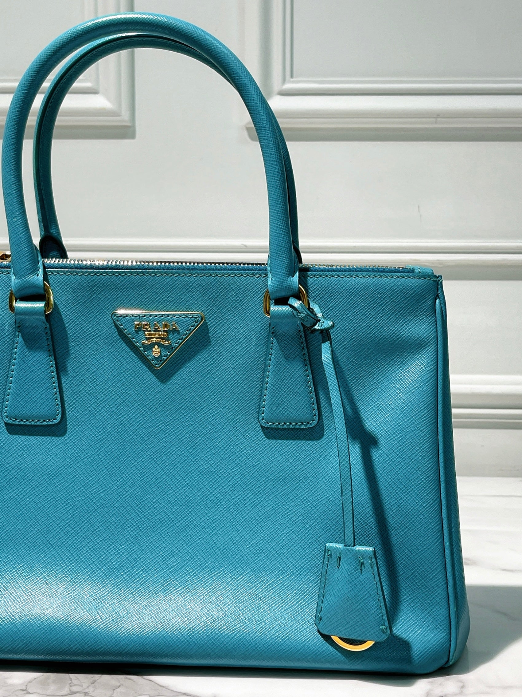 PRADA GALLERIA DOUBLE ZIP TOTE, Blue/Gold