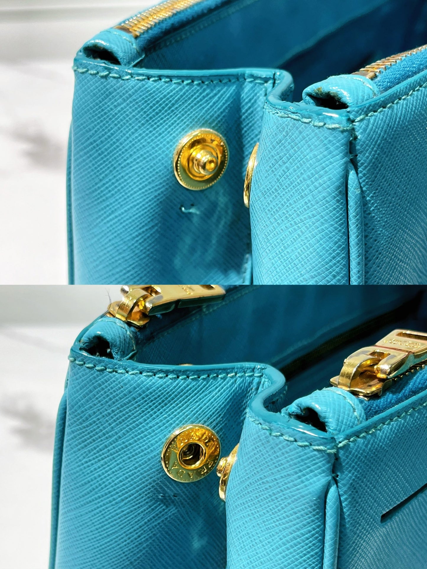 PRADA GALLERIA DOUBLE ZIP TOTE, Blue/Gold