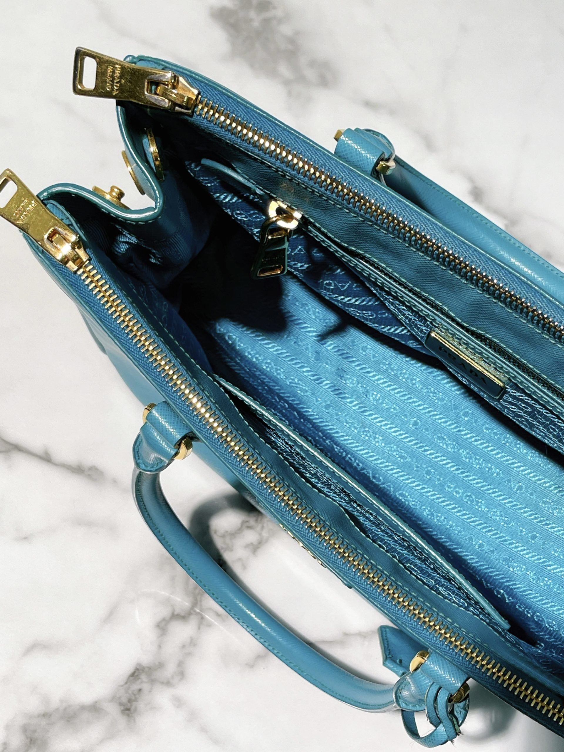 PRADA GALLERIA DOUBLE ZIP TOTE, Blue/Gold