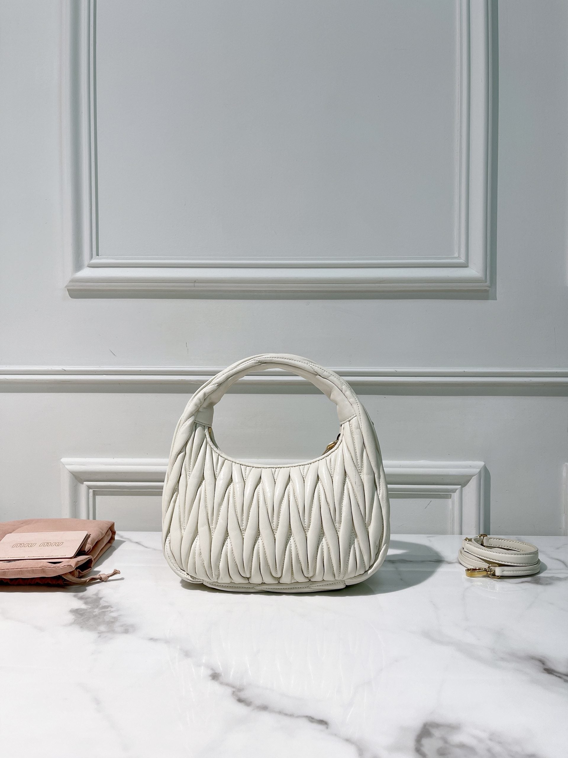 MIUMIU SMALL WANDER HOBO, White/Gold