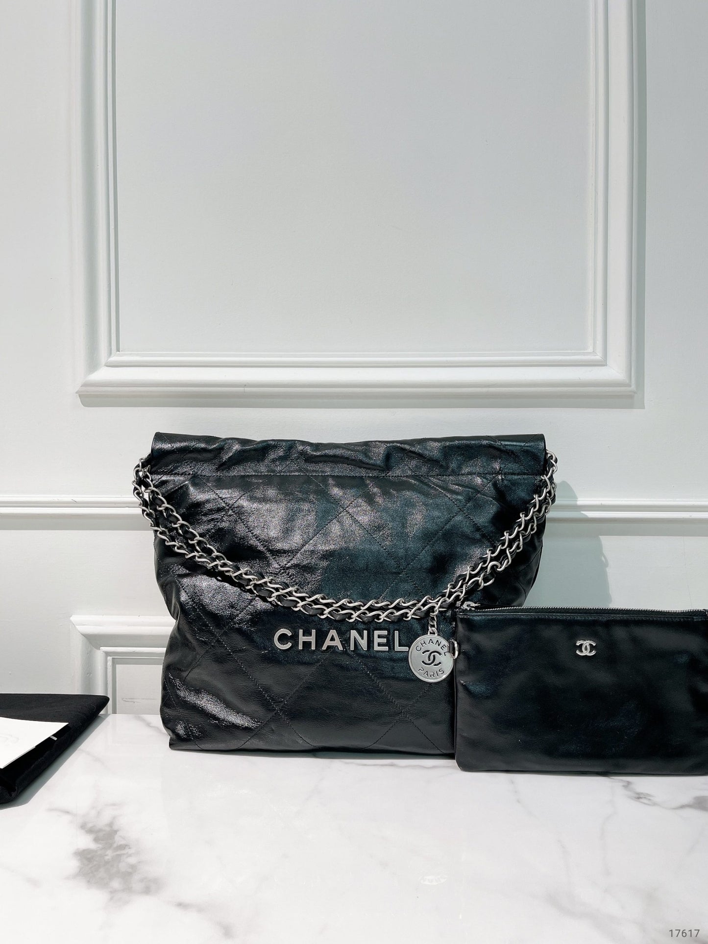 CHANEL SMALL 22 BAG, Black/Silver