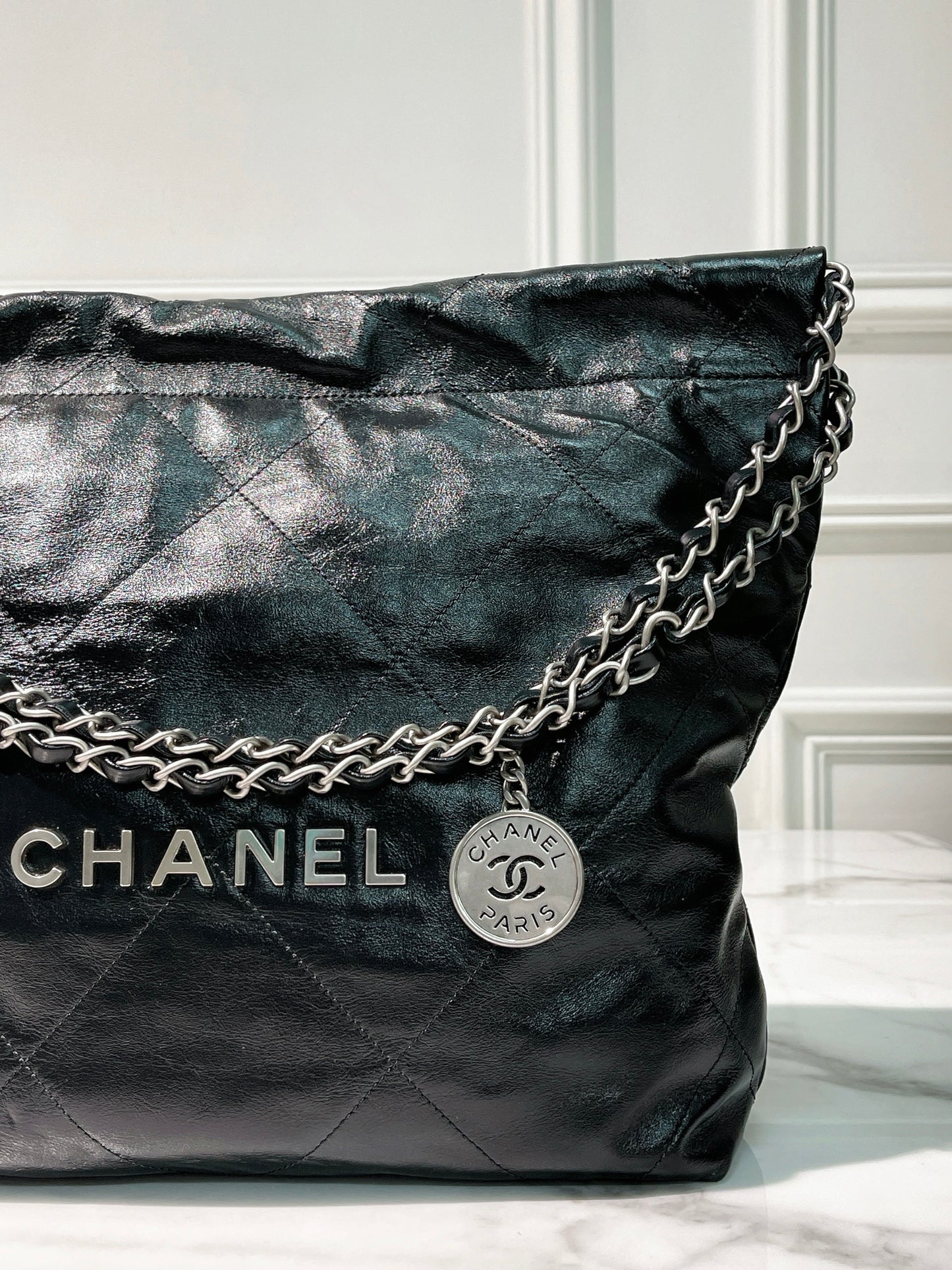 CHANEL SMALL 22 BAG, Black/Silver