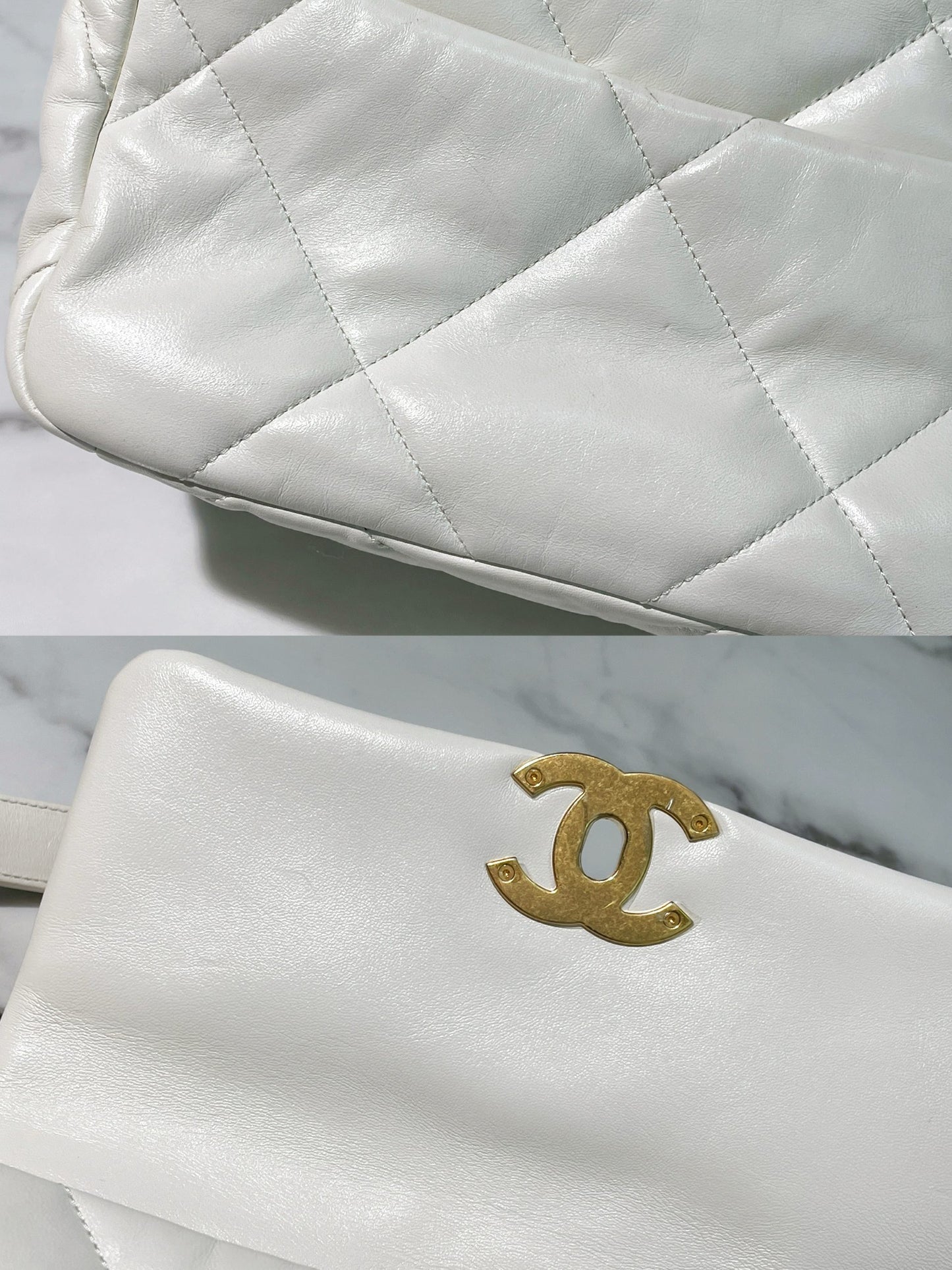 CHANEL SMALL 19 BAG, White/Gold