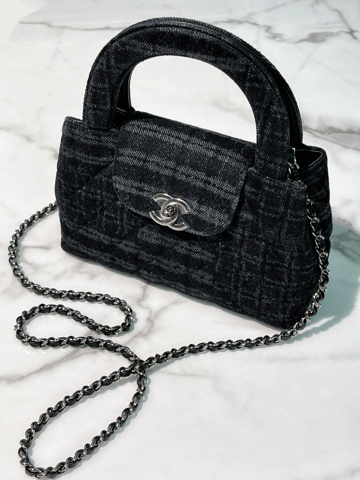 CHANEL MINI KELLY SHOPPING TOTE, Denim/Silver