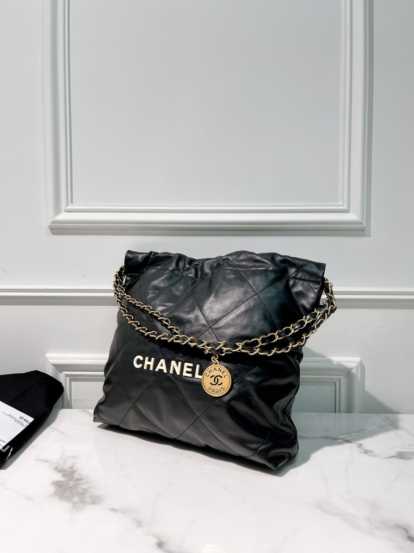 CHANEL SMALL 22 BAG, Black/Gold/White