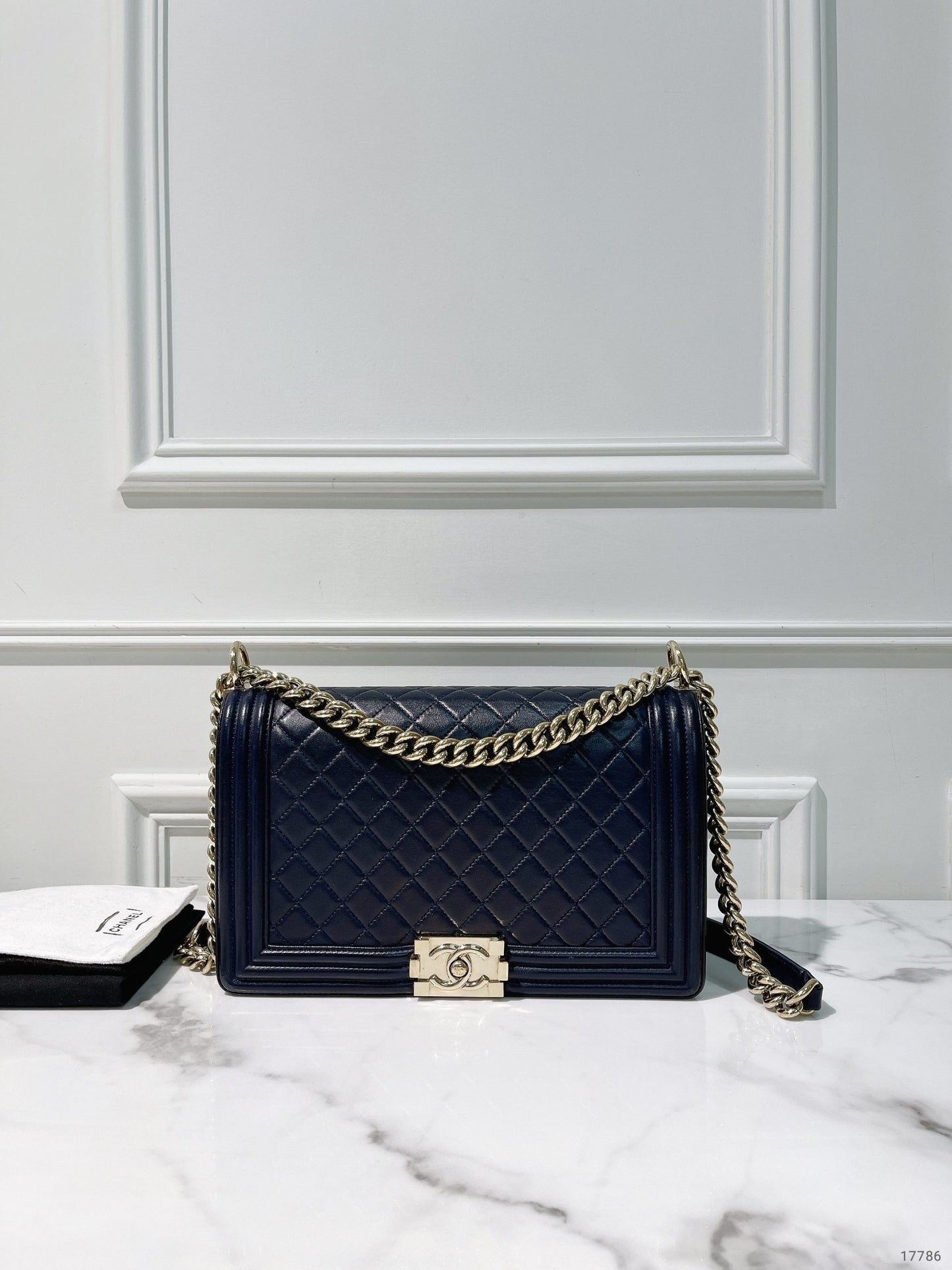 CHANEL LARGE BOY HANDBAG, Navy/Gold