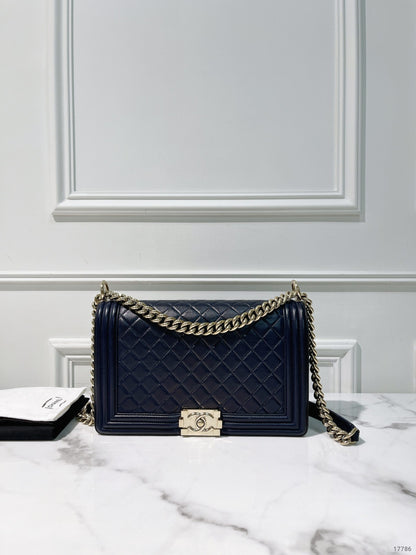 CHANEL LARGE BOY HANDBAG, Navy/Gold