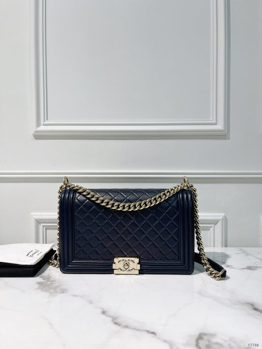 CHANEL LARGE BOY HANDBAG, Navy/Gold