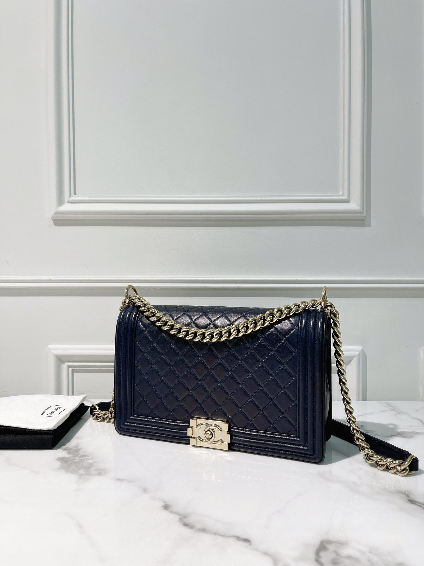 CHANEL LARGE BOY HANDBAG, Navy/Gold