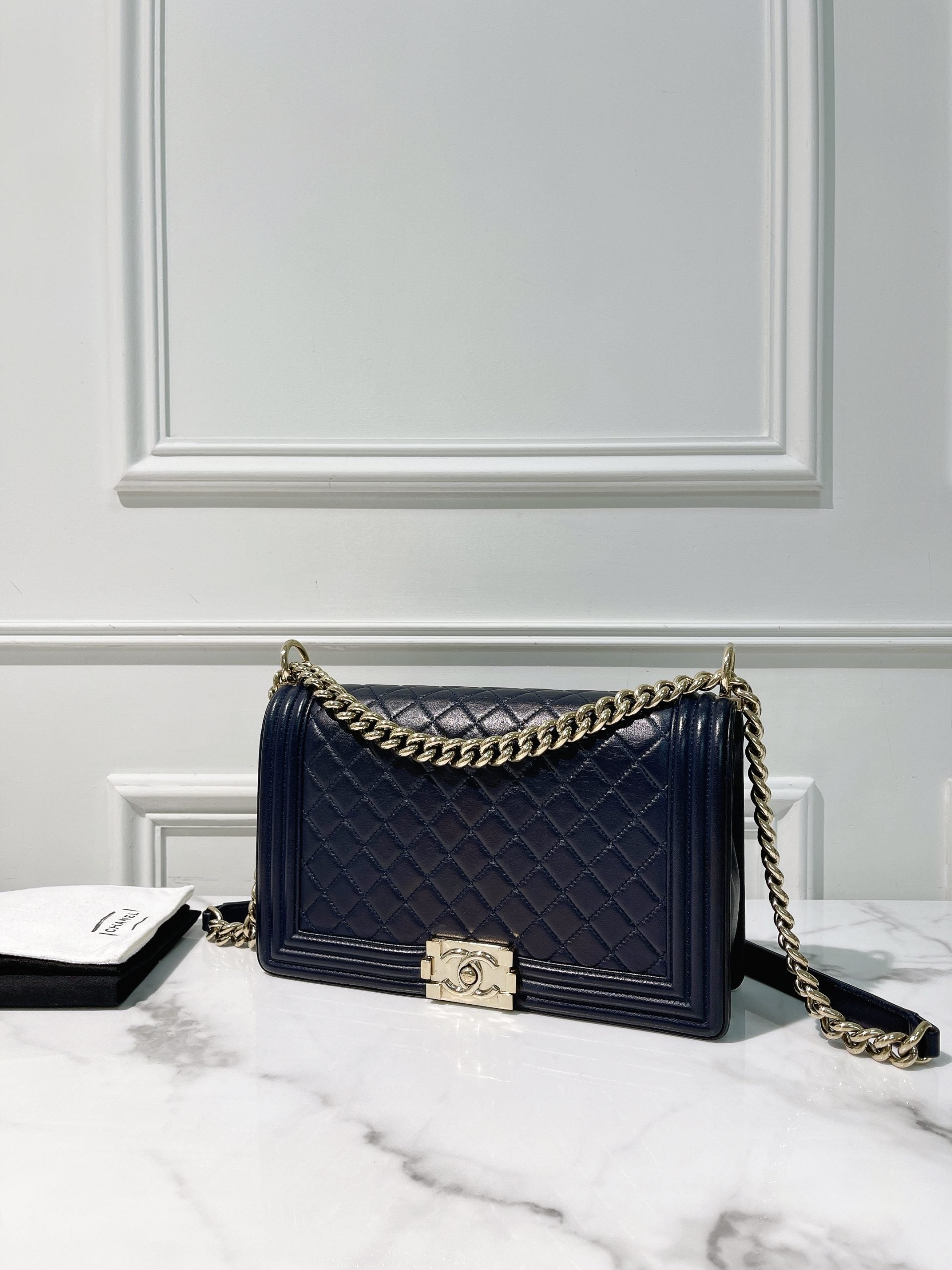 CHANEL LARGE BOY HANDBAG, Navy/Gold