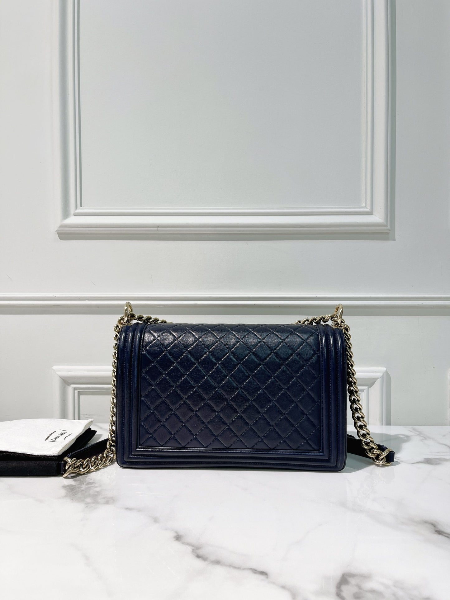 CHANEL LARGE BOY HANDBAG, Navy/Gold