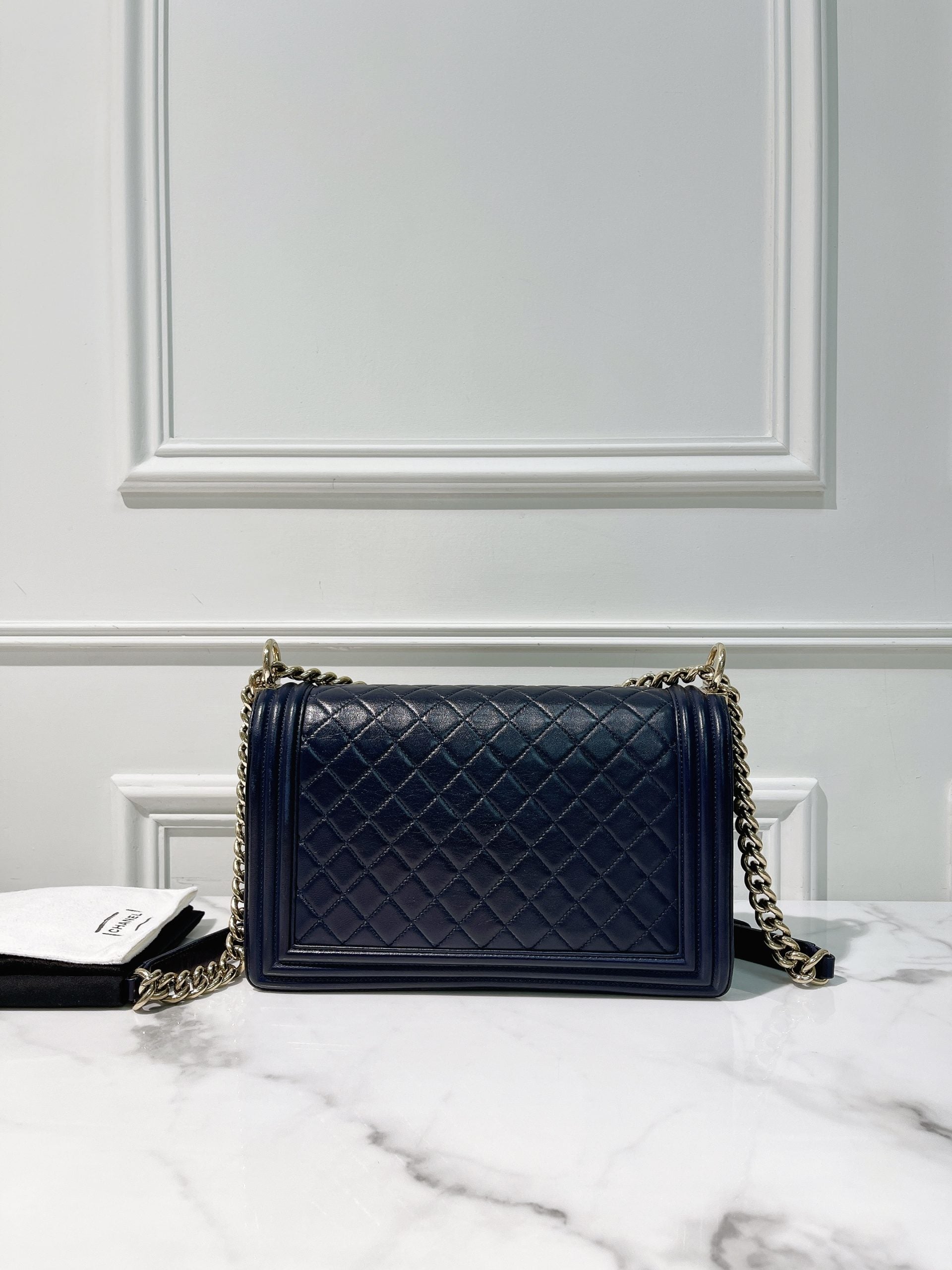 CHANEL LARGE BOY HANDBAG, Navy/Gold