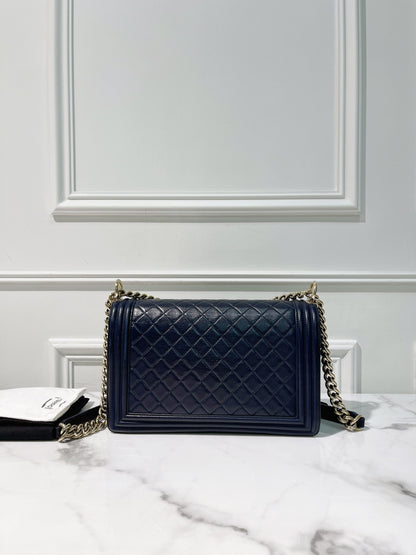 CHANEL LARGE BOY HANDBAG, Navy/Gold