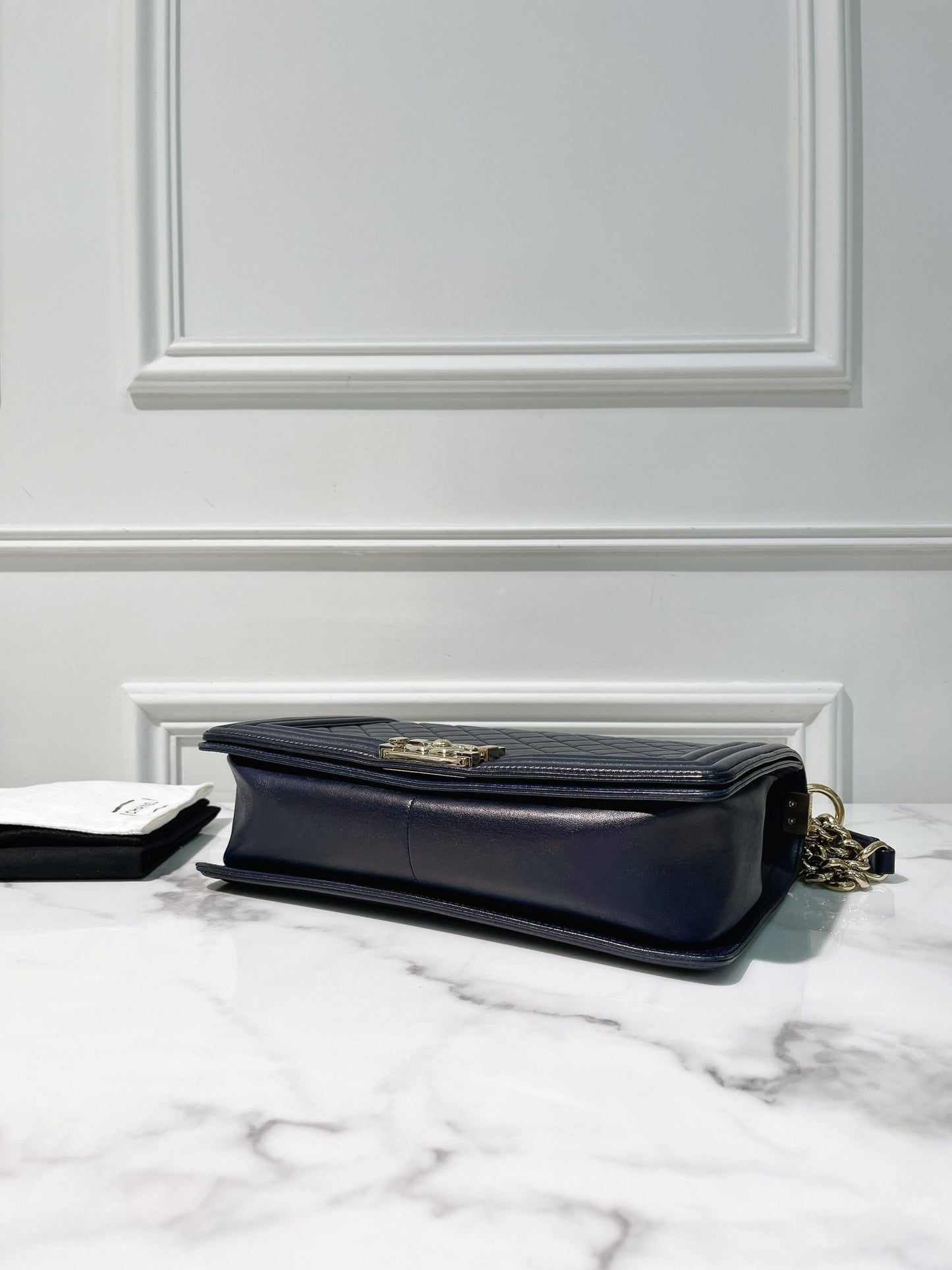 CHANEL LARGE BOY HANDBAG, Navy/Gold