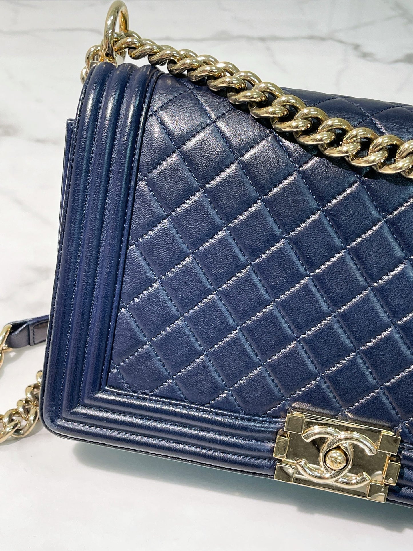 CHANEL LARGE BOY HANDBAG, Navy/Gold