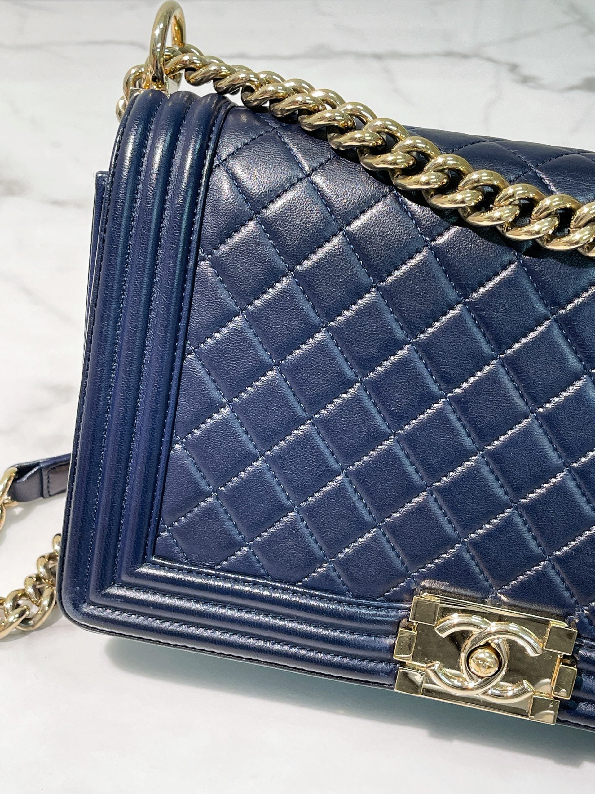 CHANEL LARGE BOY HANDBAG, Navy/Gold