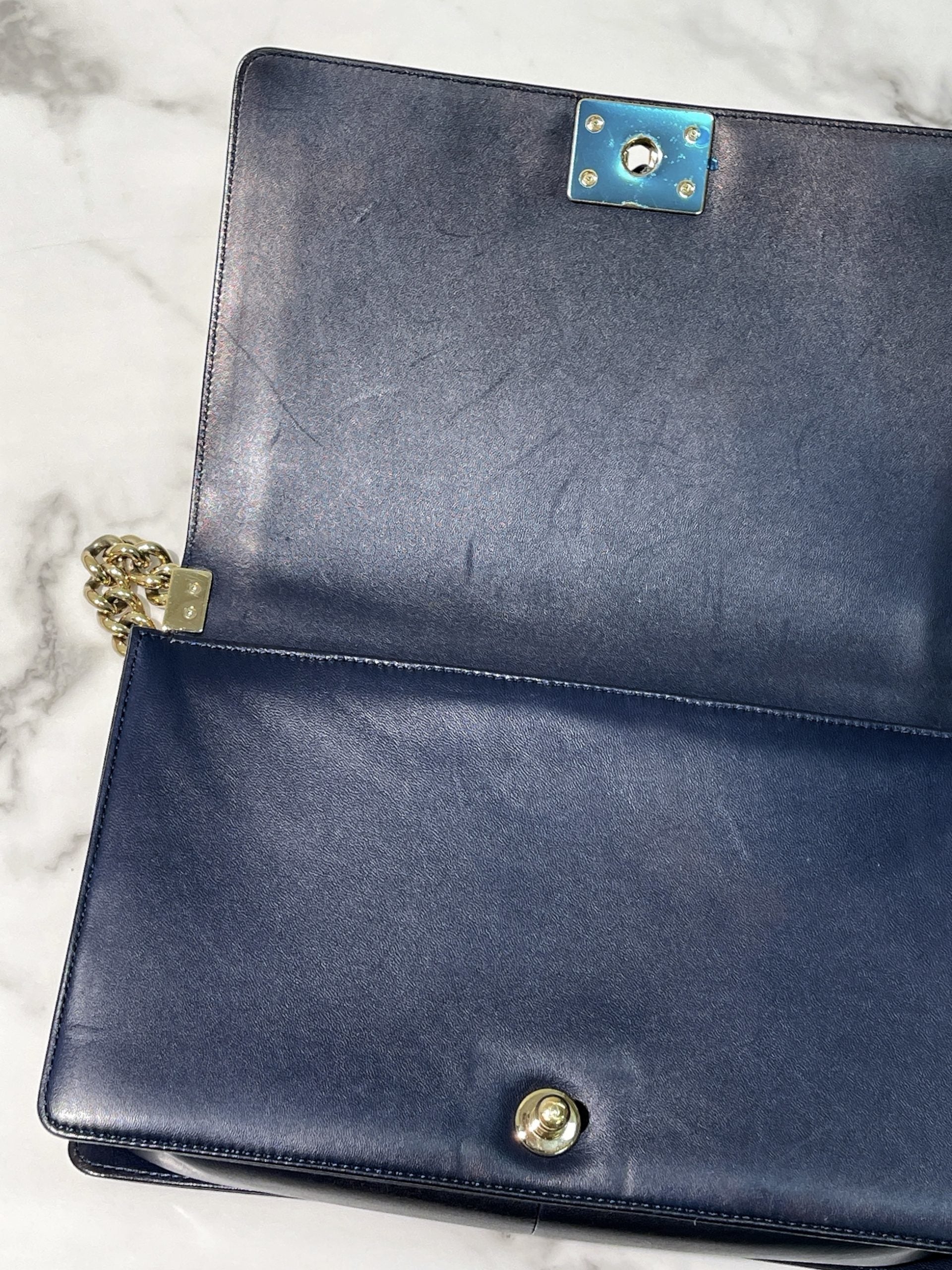 CHANEL LARGE BOY HANDBAG, Navy/Gold