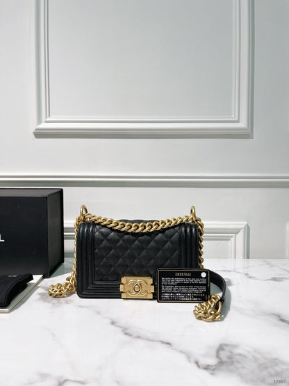 CHANEL SMALL BOY SHOULDER BAG, Black/Gold