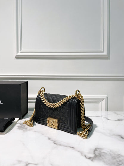 CHANEL SMALL BOY SHOULDER BAG, Black/Gold