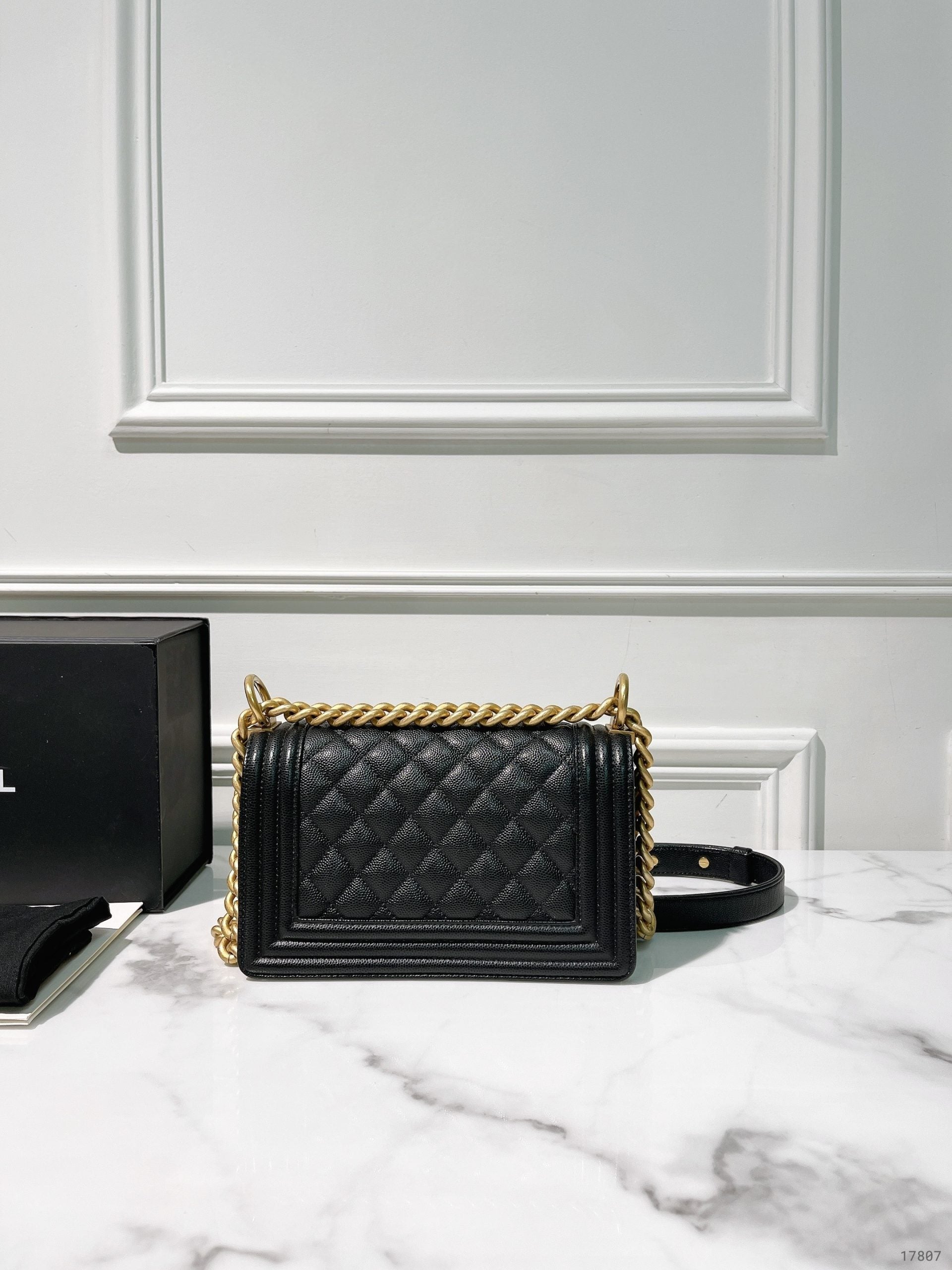 CHANEL SMALL BOY SHOULDER BAG, Black/Gold