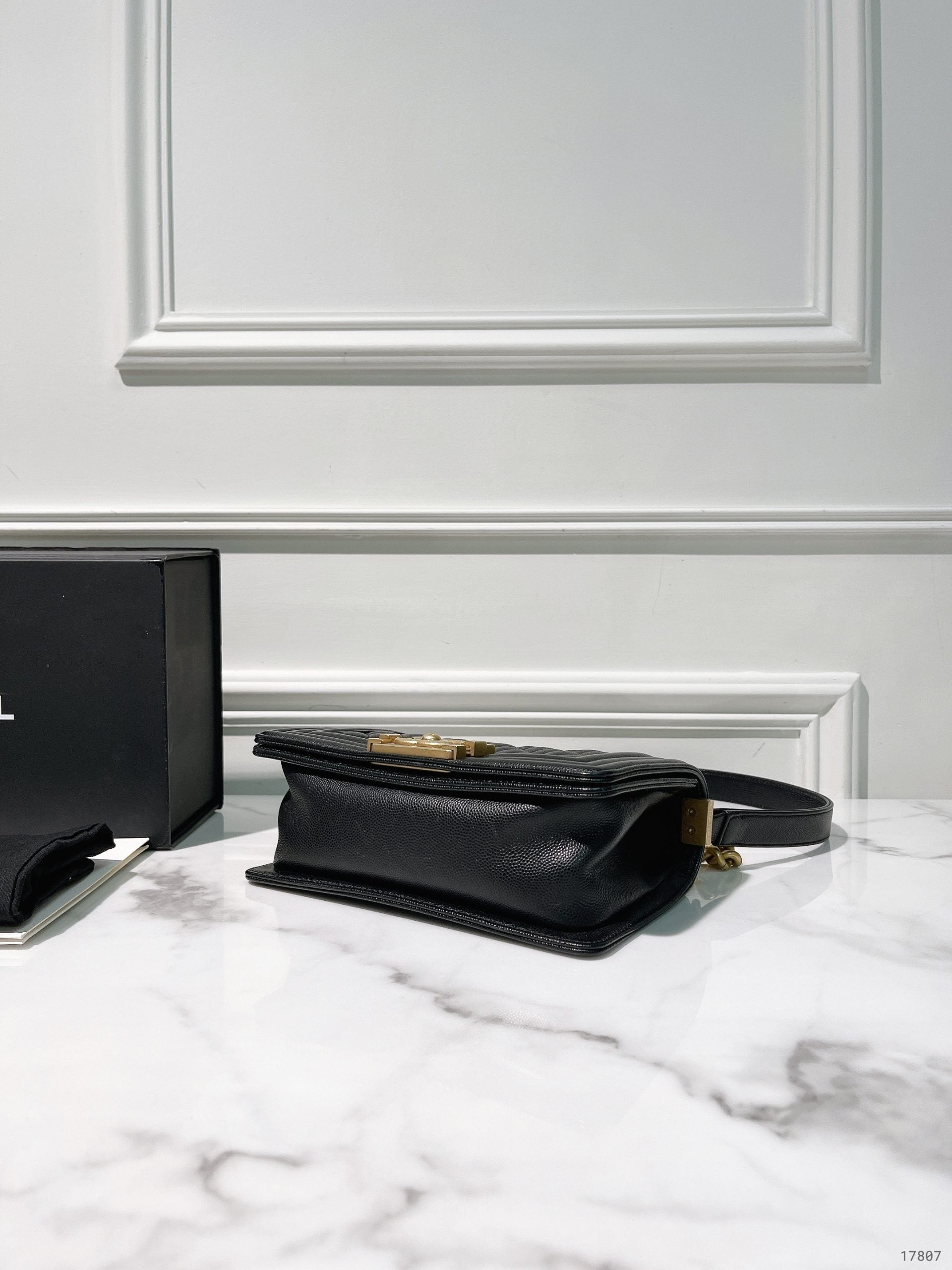 CHANEL SMALL BOY SHOULDER BAG, Black/Gold