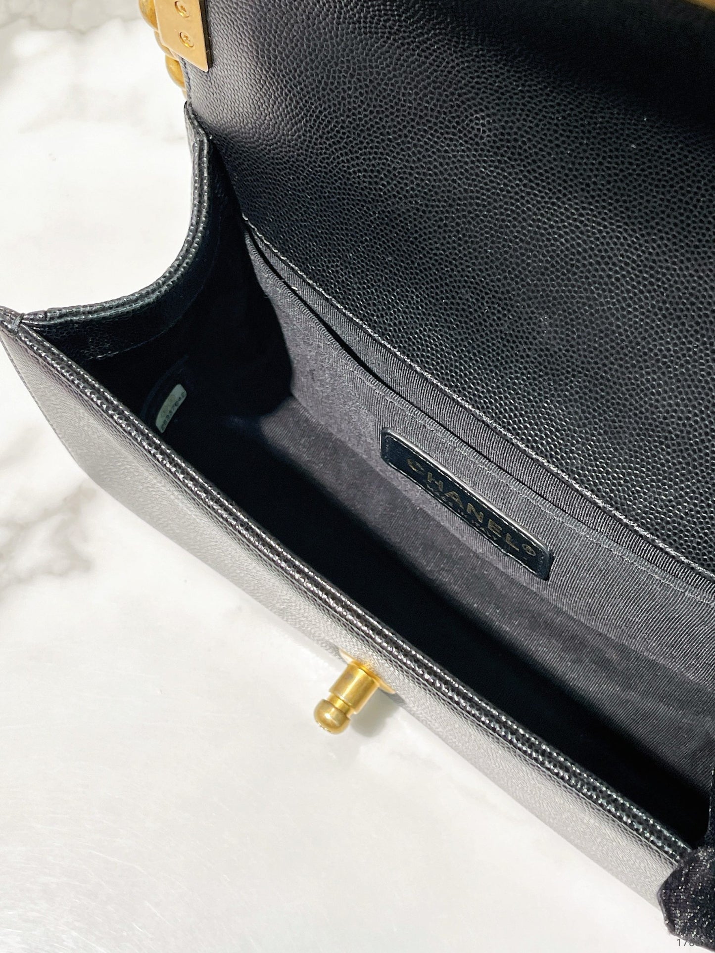 CHANEL SMALL BOY SHOULDER BAG, Black/Gold