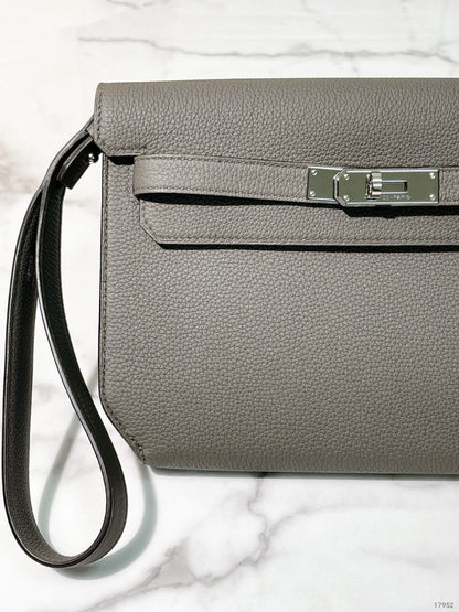 HERMES KELLY DEPECHES 25 POUCH, Gris Etain/Silver