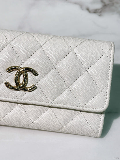 CHANEL 24S LONG WALLET, White/Gold